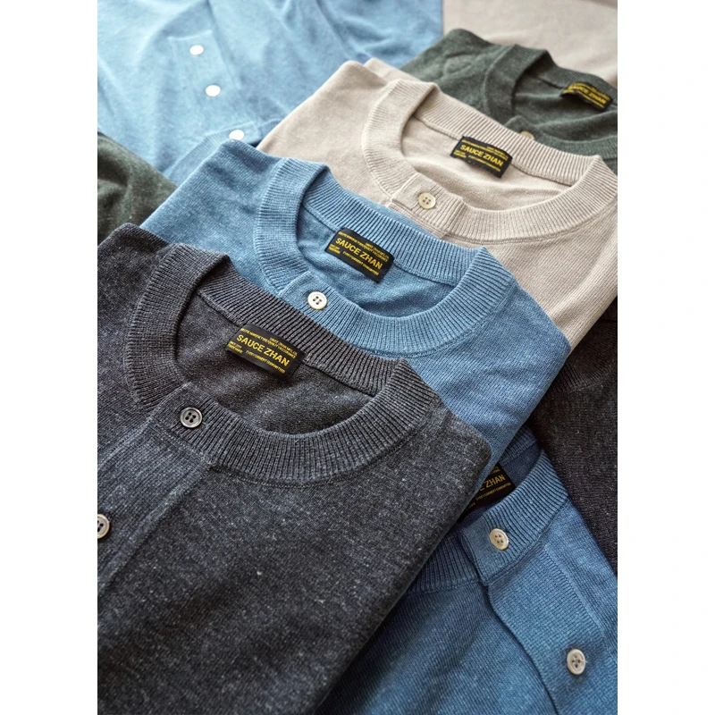 SAUCE ZHAN Men’s Summer Knit T-Shirt  Short Sleeve Tee Henry Collar Linen Blend Loose Fit