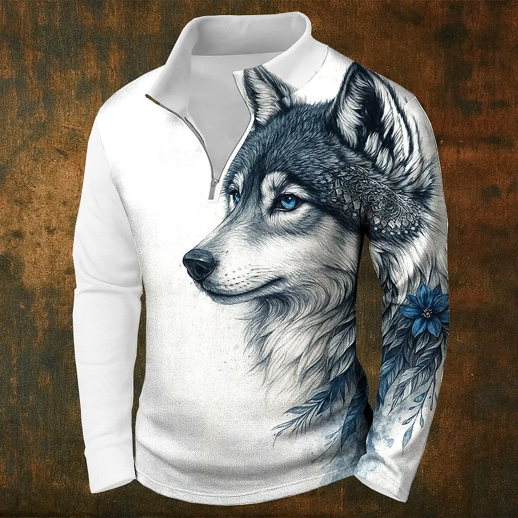 

Fashion Stand Collar Men's Tops Funny 3D Wolf Print Half Zip Long Sleeve Sweatshirts Autumn Winter Casual Pullover Men Clothing