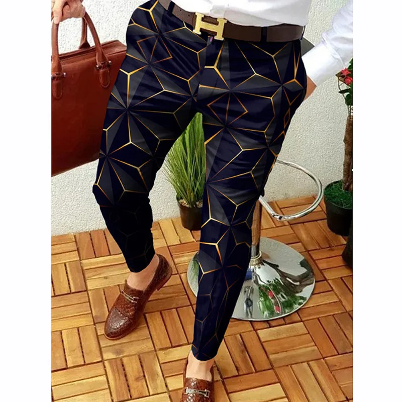 Men\'s Pencil Pants Casual Contrast Color Pattern Mid-Waist Casual Trousers Business Slim Skinny Stretch Jogging Formal Trouser