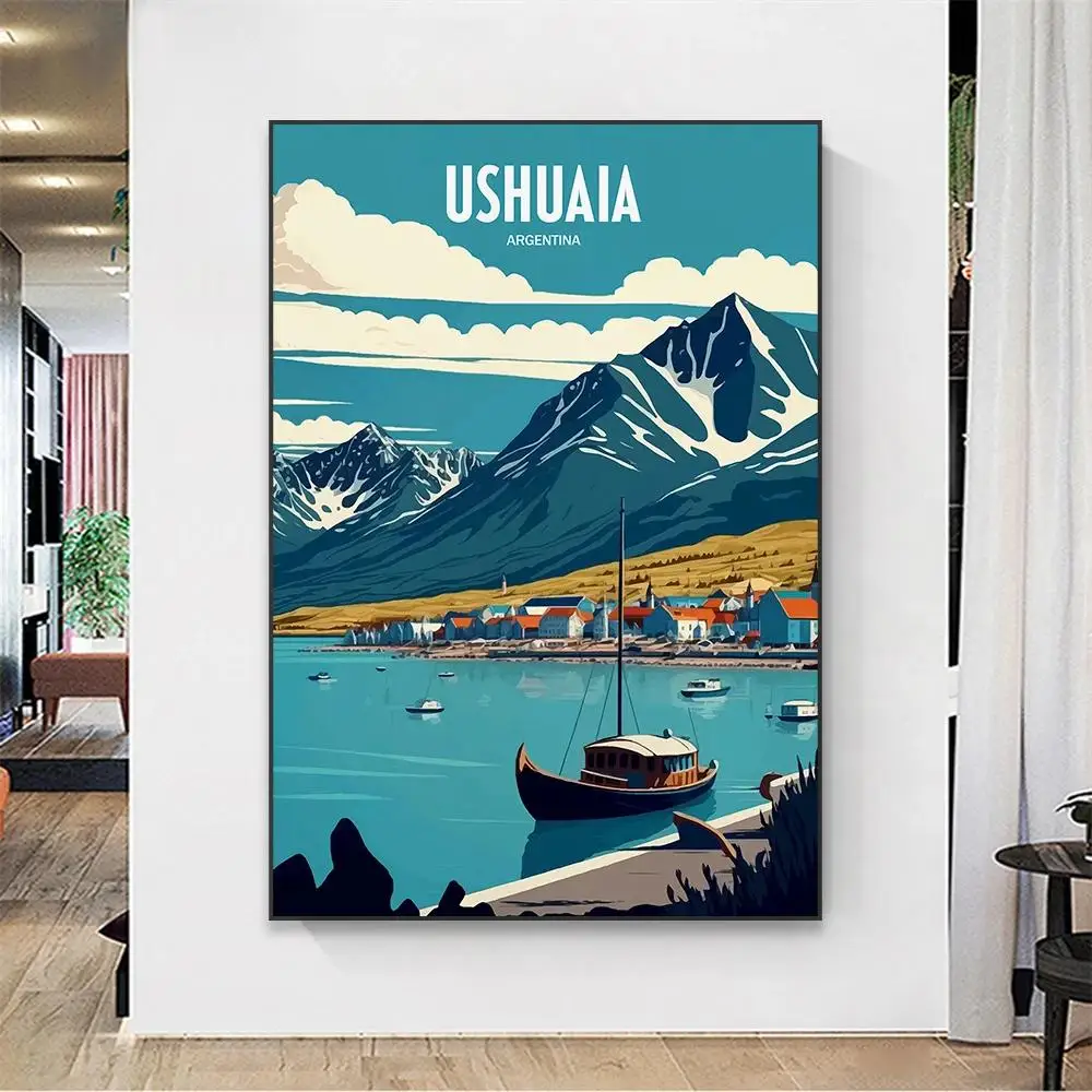 Ushuaia Reiseplakat, Kunstdruck, Wandkunst, Argentinien, Tierra del Fuego, Archipel, Leinwandgemälde, Heimdekoration für Wohnzimmer, Schlafzimmer