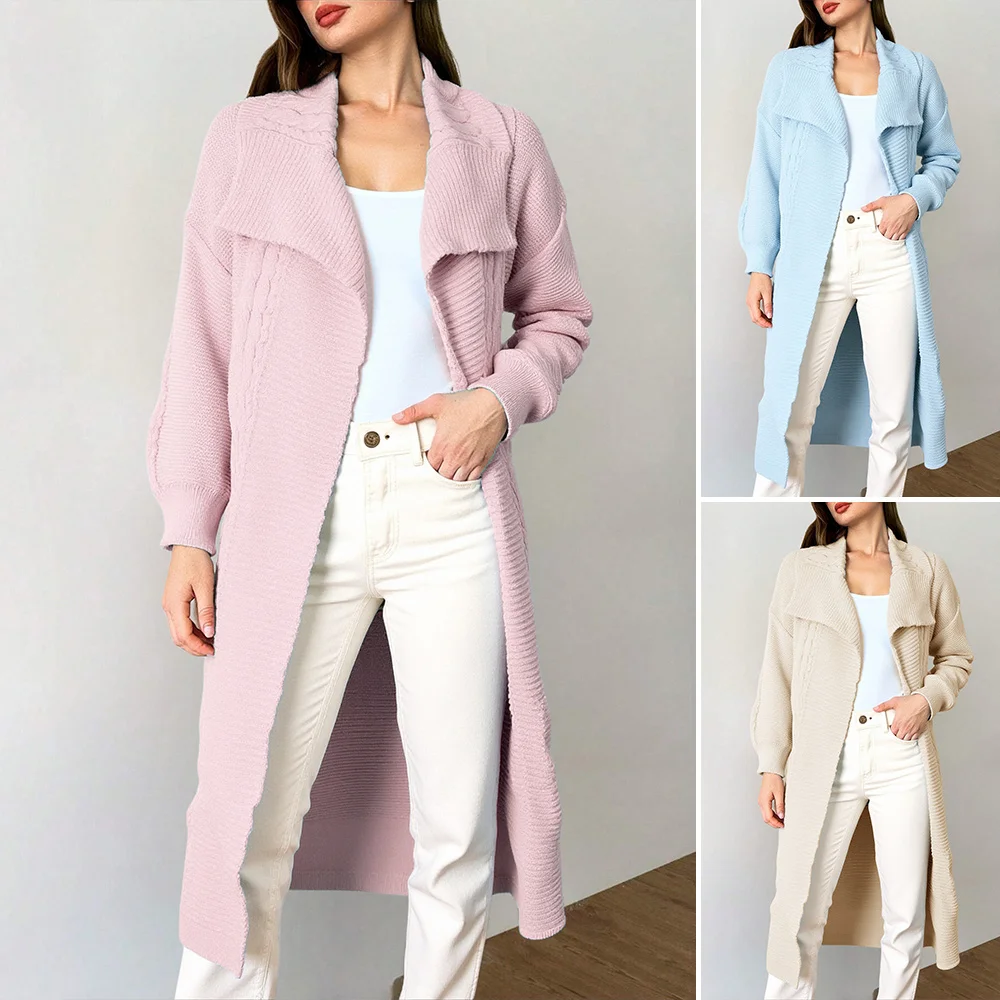 

Women's Cardigans 2025 Autumn Winter Long Knit Open Front Cardigan with Lapel Collar Knee Length Casual Cover Up