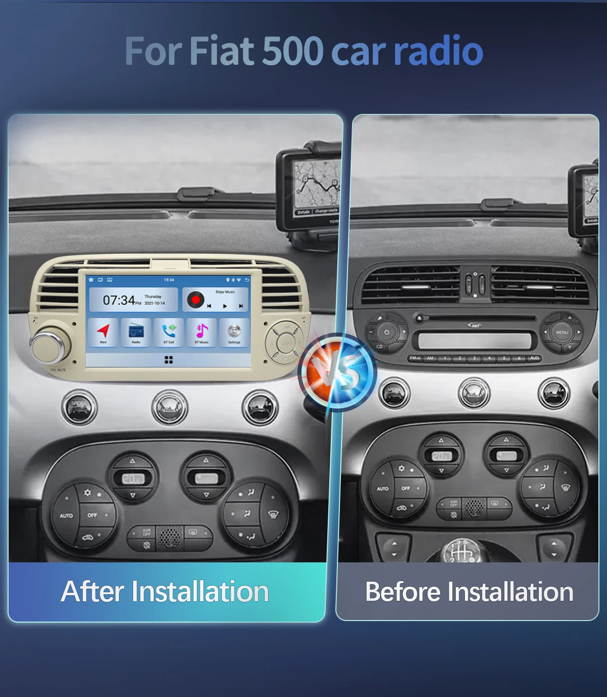 AutoRadio Android 14 con CarPlay Inalámbrico de 7" para FIAT 500 500C Abarth 2007-2015, Pantalla, Navegación GPS, Reproductor Multimedia para Auto, WiFi, Bluetooth, Unidad Principal Estéreo