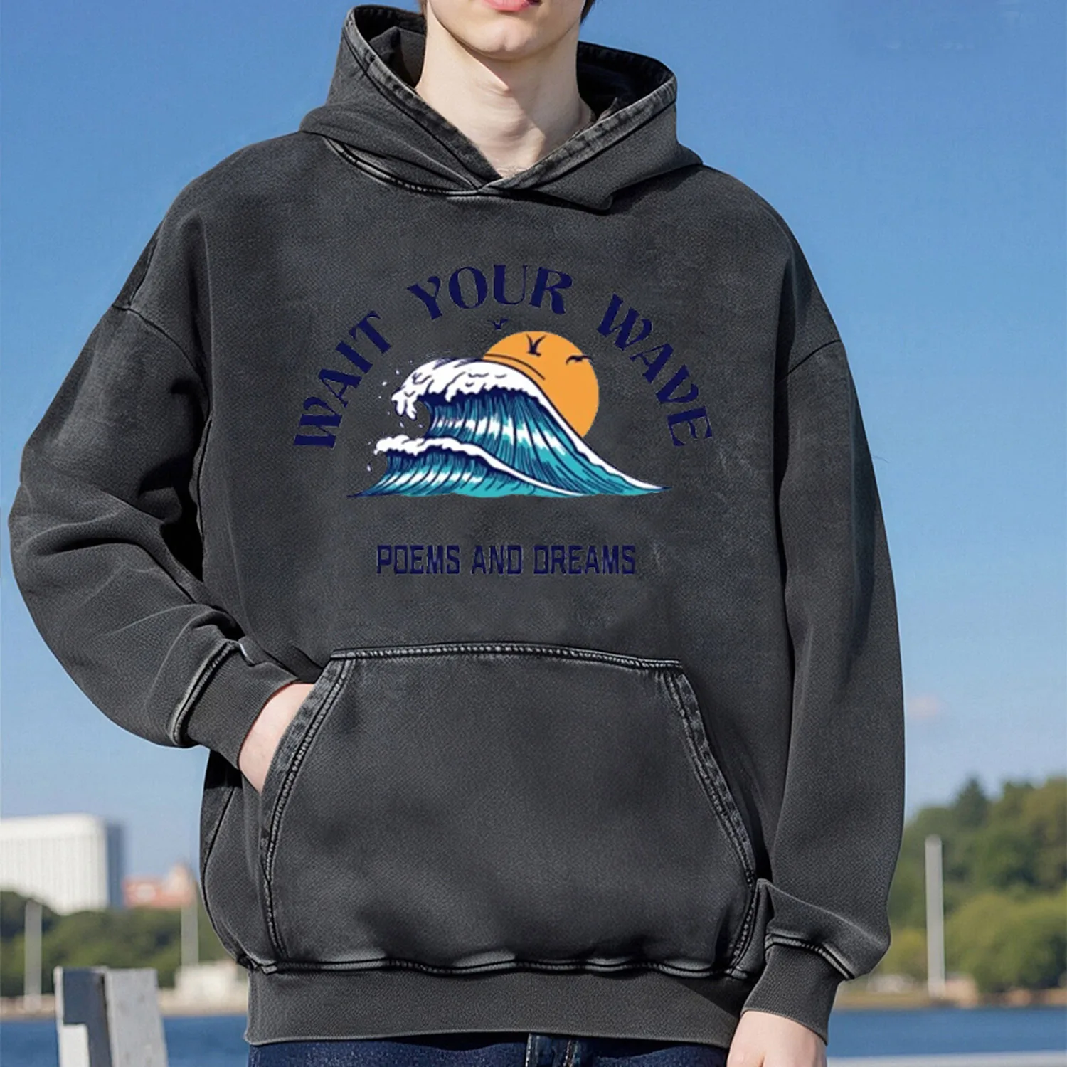 موجات نمط طباعة ريترو غسلها مقنعين البلوز للرجال والنساء ملابس رياضية كاجوال القطن موضة ملابس الشارع 400G #1