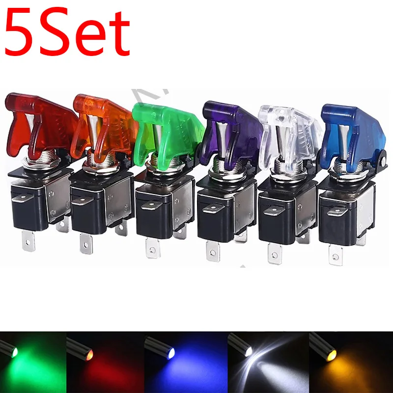 5Set /lot 12V 20A Auto Car Vichel Led Toggle Switch With Safety Cover Guard Red Blue Green Yellow White TM