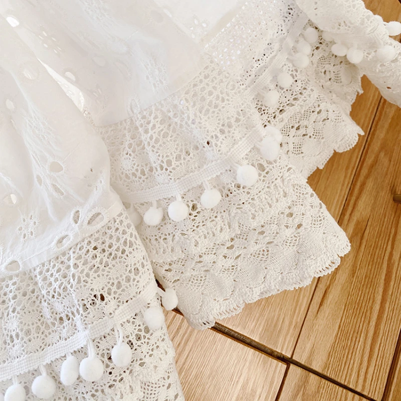 2024 New Summer Women Casual Floral White Embroidery Long Skirt Vintage Elastic High Waist Boho Beach Lace Skirt