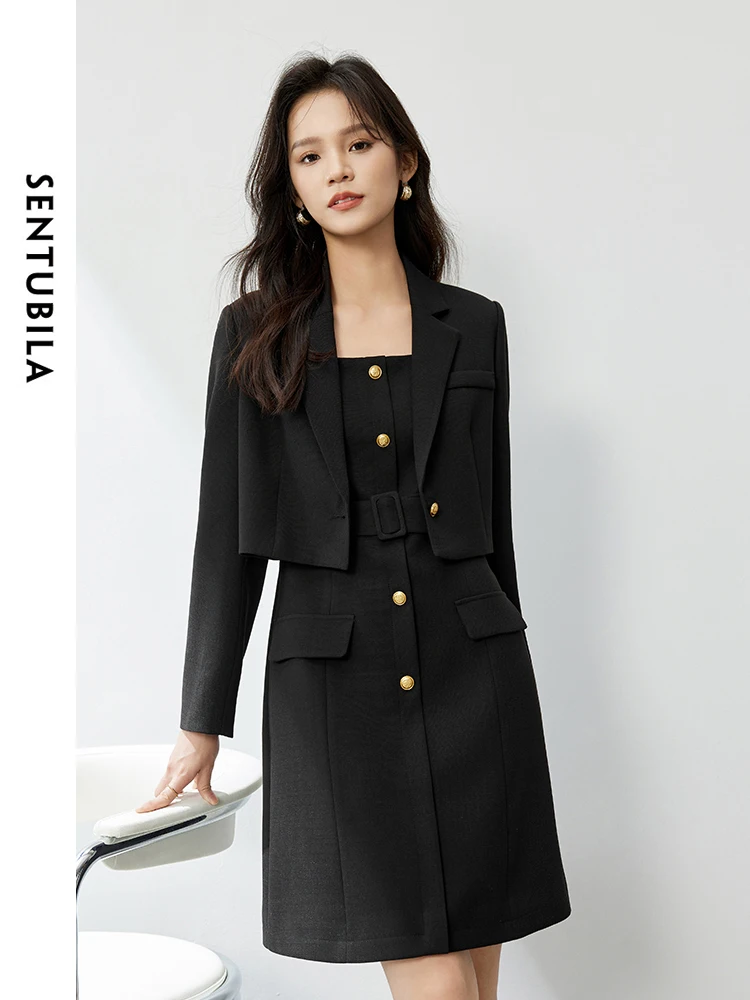 

SENTUBILA Black Office Lady Two Piece Set for Women 2024 Spring New Turn-down Collar Casual Sashes Women's Suits 141Z54184X