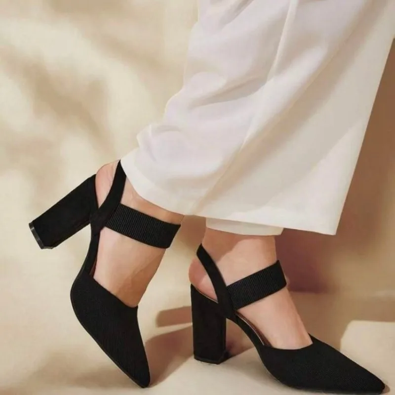 Pointed Toe Shallow Mouth Block Heel Sandals Summer New Anti-Slip Wear-Resistant Slip-On Heels view 3