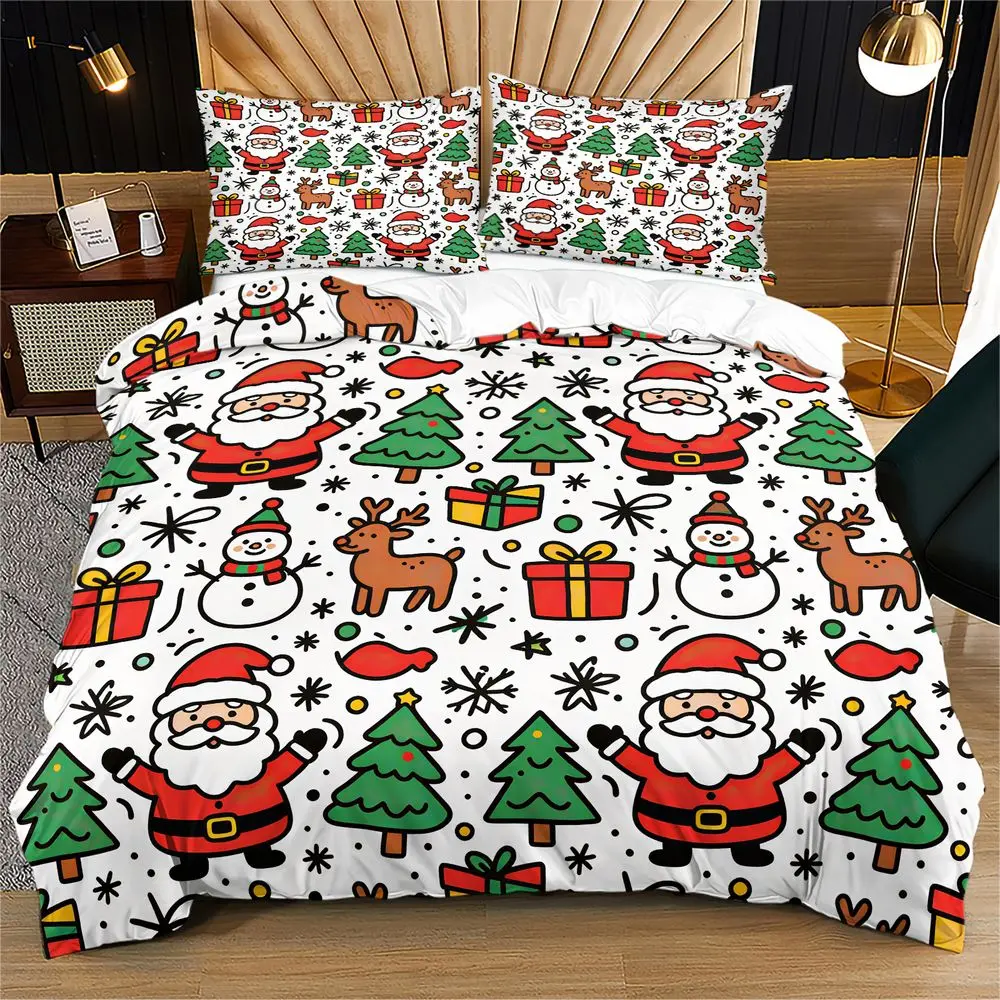 Christmas Santa Reindeer Duvet Cover Set Comforter Cover Bedding Set No Filler HD Print Holiday Bedroom Bedding