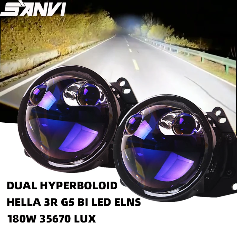 SANVI New Dual Hyperboloid Bi LED Projector Lense for Car Headlight G5 Hella 3R Auto Driving Light 5500K 180W 35760Lux RHD LHD