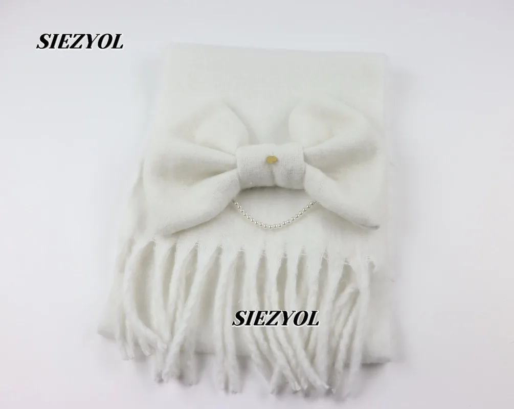 Scarf for Women Bow Solid Color Versatile Cute Sweet Thickened Scarf White Pink Pearl Chain Love Sweet Girl Scarves
