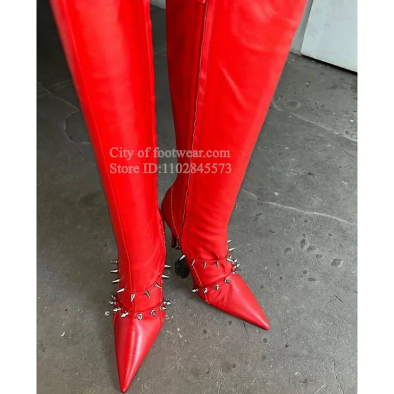 Black\Red\White\Pink Vegan Leather Pointed Toe Knee High Rivet Boots With Stiletto Heels Crystal Gem Spike Boot Big Size Shoes