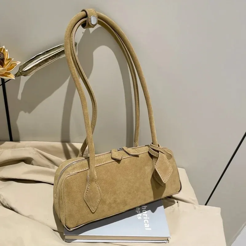 Faux Suede Zipper Solid Color Bowling Shoulder Bags Hot Sale Fashion Ladies Bags 2025 Hot Sale Simple Versatile Tote Bag