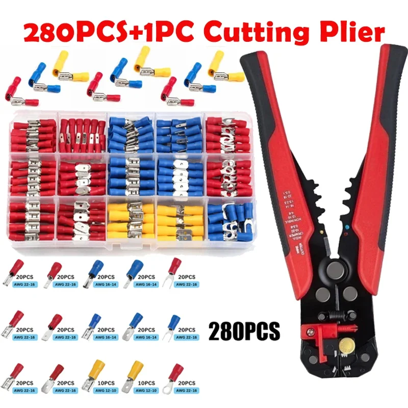 

280PCS Assorted Female Male Crimp Spade Terminal Insulated Electrical Wire Connector Kit with 1PC Cutting Plier