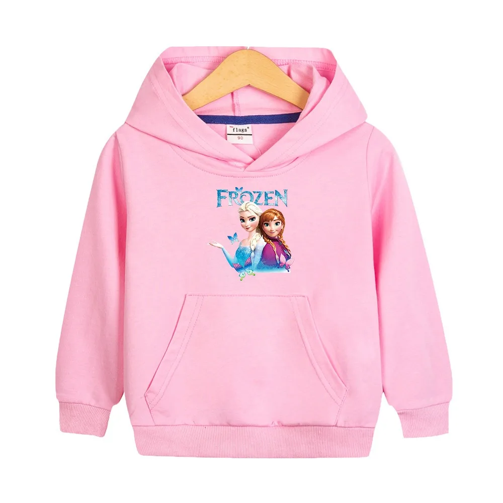 Disney Quality Cotton Tee Shirt Girls Clothing for Children T-shirt Pink Long Sleeve Kids Tops Frozen Elsa Anna Clothes Hooded