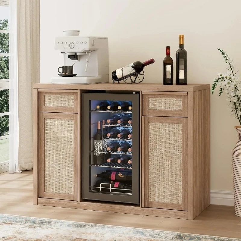 

Rattan Coffee Bar Cabinet with Mini Fridge Space, Boho Coffee Station Cabinet with Wine Storage & Drawers