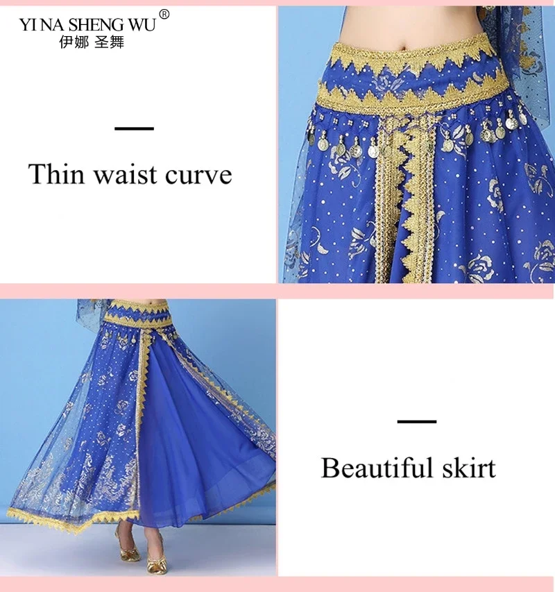 Sexy Bauchtanz-Kostümset für Damen im Bollywood-Stil, ägyptisch-indischer Stil, Chiffon-Oberteil mit Pailletten und Fransen, Rock für Bühnenauftritte – Detail 3