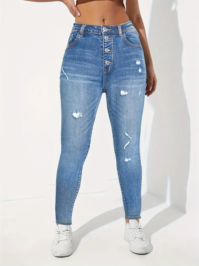 Women Multi-button Zipper Open and Close Ripped Stretchy Denim Pants Casual Pocket Solid Color Jeans