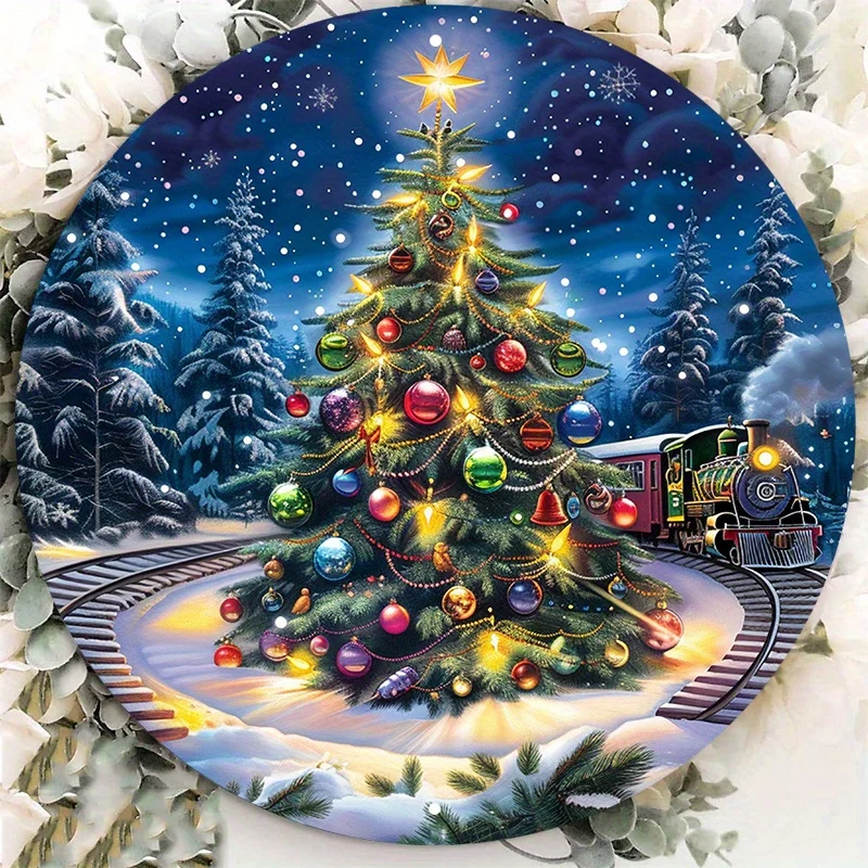 

Aluminum Metal Sign Christmas Tree Round Wall Decor, Weather Resistant, HD Printed Wreath, Door Hanger, 8x8 in T-shirt Design