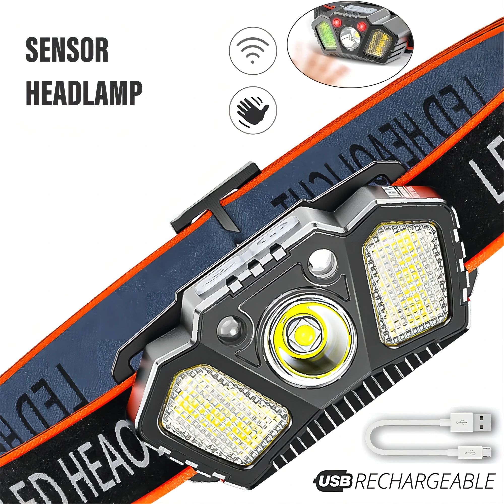 USB Rechargeable Sensor LED Headlamp Super Bright Headlight Head Mounted Fishing Light Multiple Lighting Modes