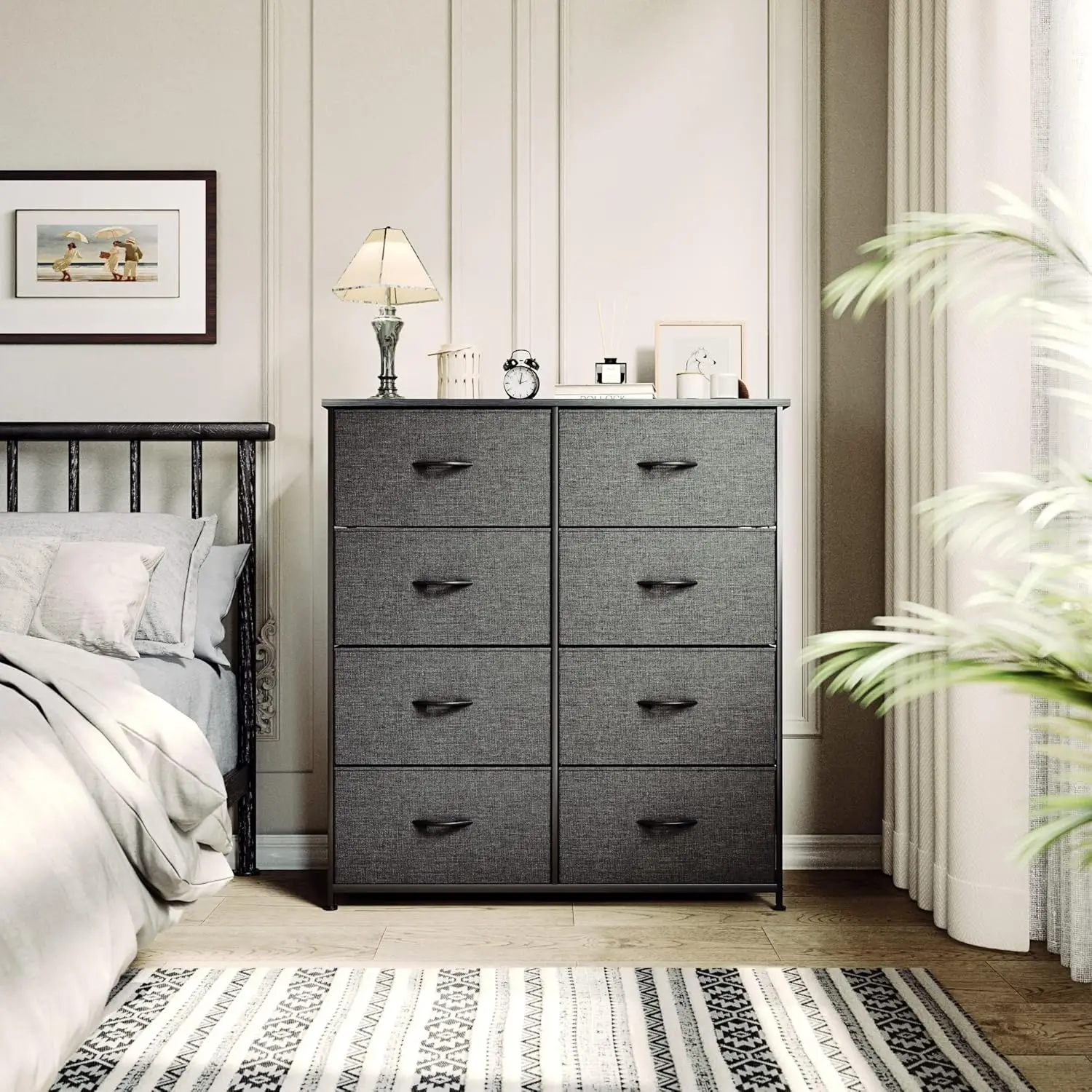 Fabric Dresser for Bedroom, Tall Storage Dresser W/8 Drawers, Black Dresser & Chest of Drawers,Bedroom, Living Room(Black Grey)