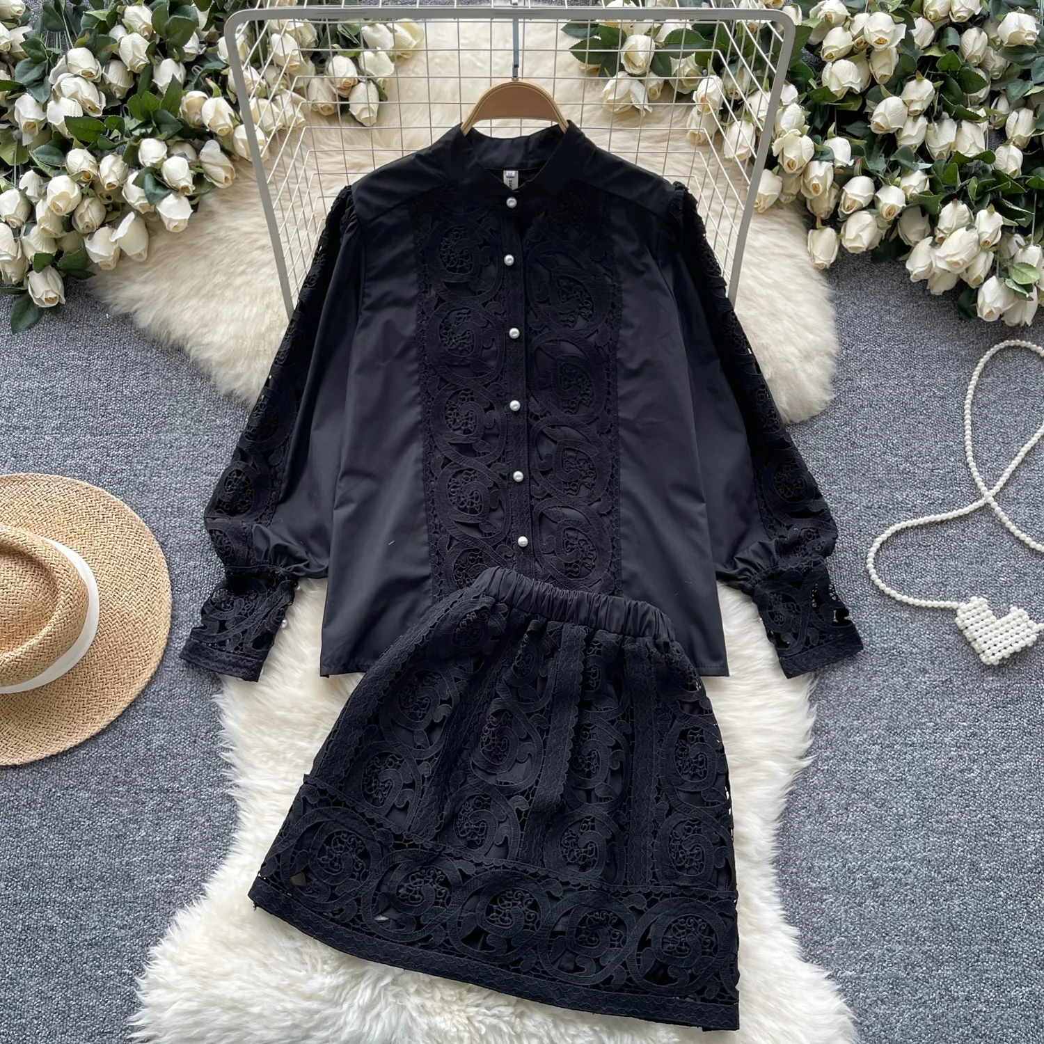 Clothland Women Sweet White Black Lace Blouse Hollow Out Long Sleeve Shirt Mini Skirts Retro Two Piece Set TA501