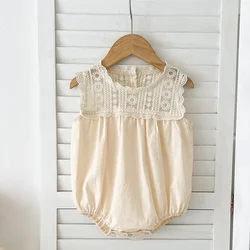 2025 Summer Baby Romper Lace flowers Children Clothes Climbing Suit Sleeveless Cotton Lace Splicing Infant Baby Girls Bodysuits