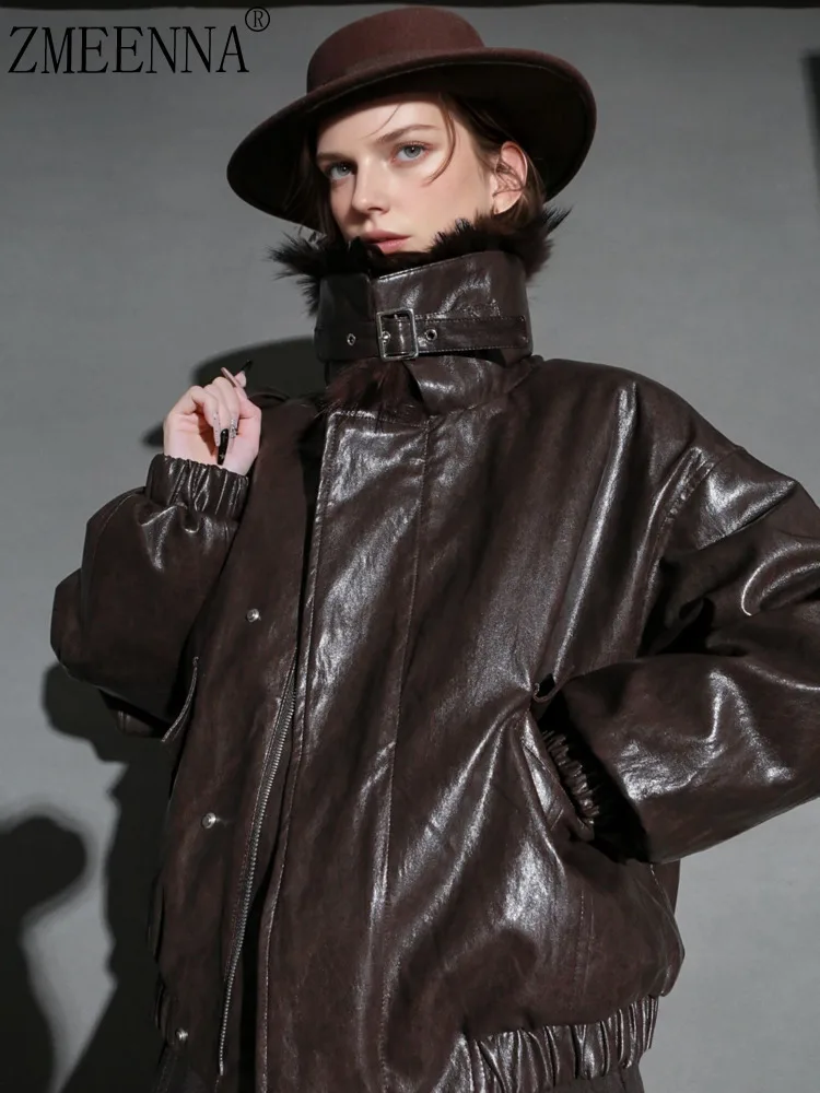 

ZMEENNA женская темно-коричневая куртка из искусственной кожи с воротником-стойкой и пряжкой, регулируемая молния, теплая зимняя верхняя одежда, пальто ZM4632