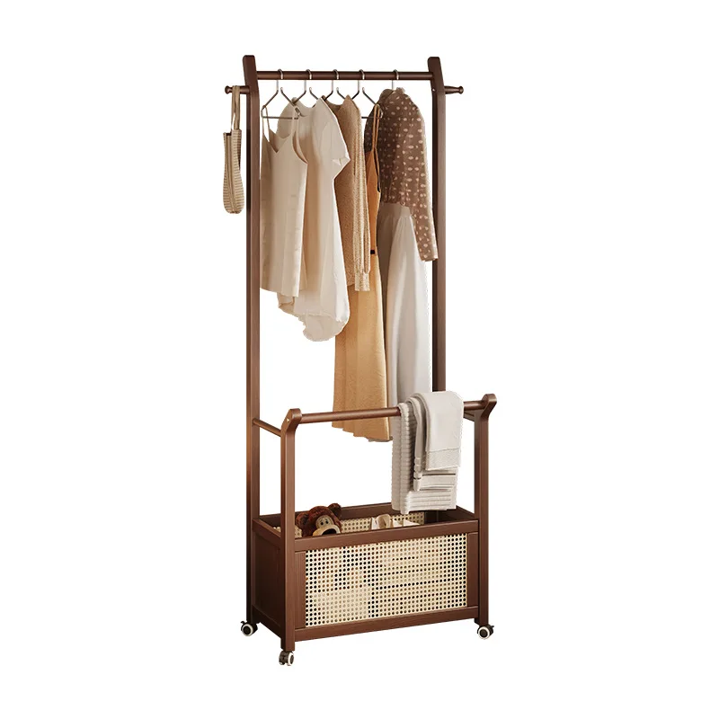 

Solid wood hanger Floor-to-ceiling coat rack Bedroom removable household room Dirty basket