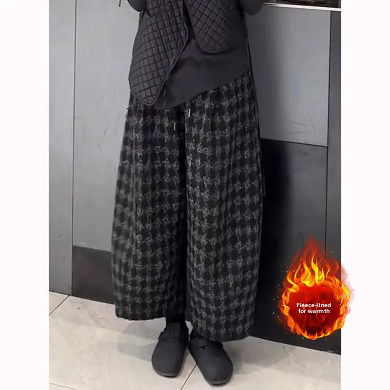 Ele Plaid Fce gevoerde broek met wijde pijpen Casual recht gesneden winter losse afslankbroek voor dames in grote maten