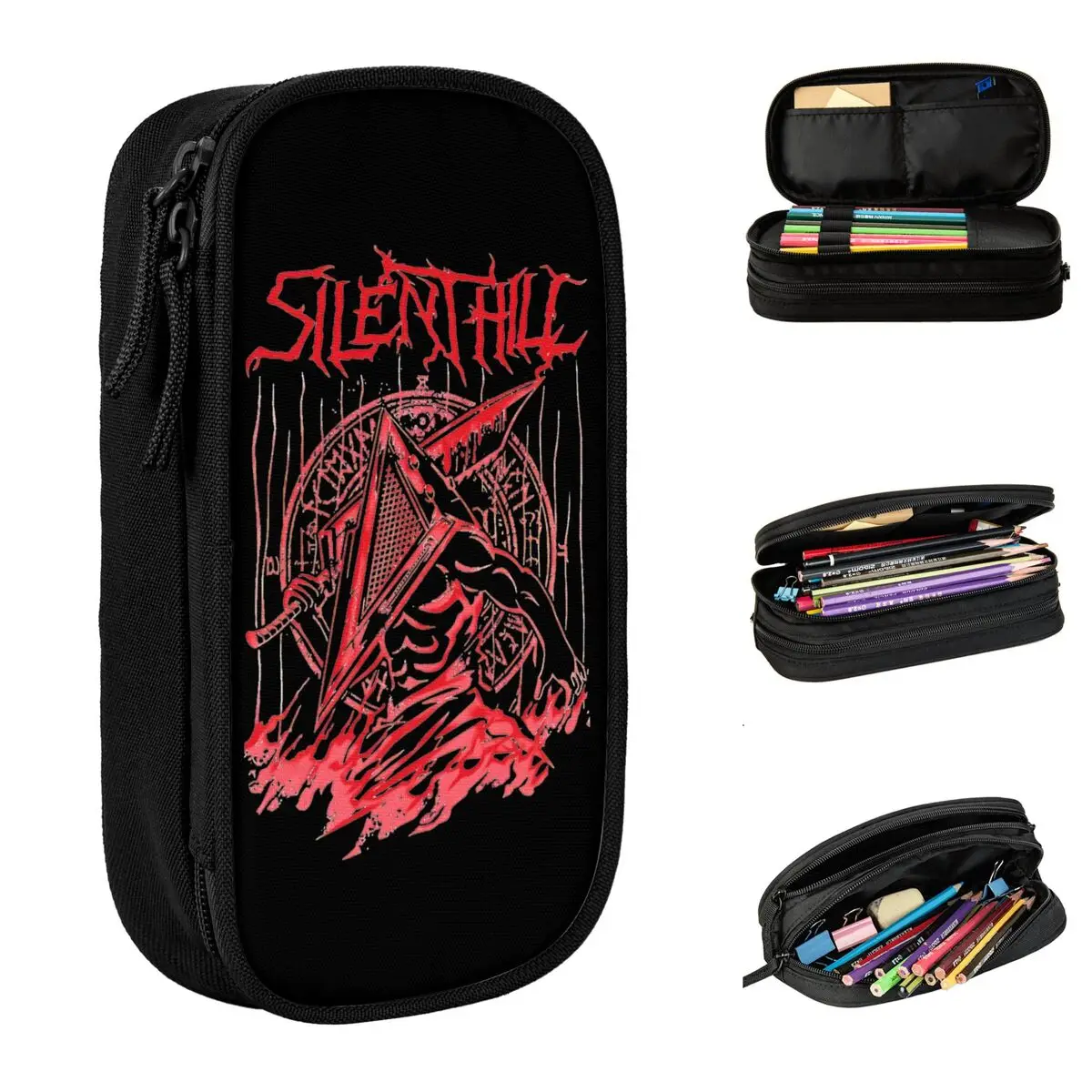 

Silent Red Thing Silent Hill Heavy Metal Pencil Case Horror Game Pen Box Bag Student Large Storage Office Cosmetic Pencilcases
