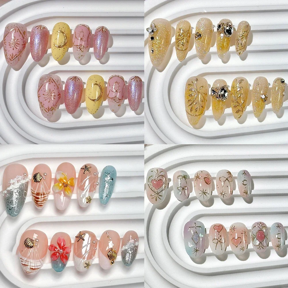

10Pcs Handmade Almond Fake Nails 3D Flower Shell Gel Ocean Wearable Press On Nail Art Light Luxury Golden Cat Eyes Moon Nails