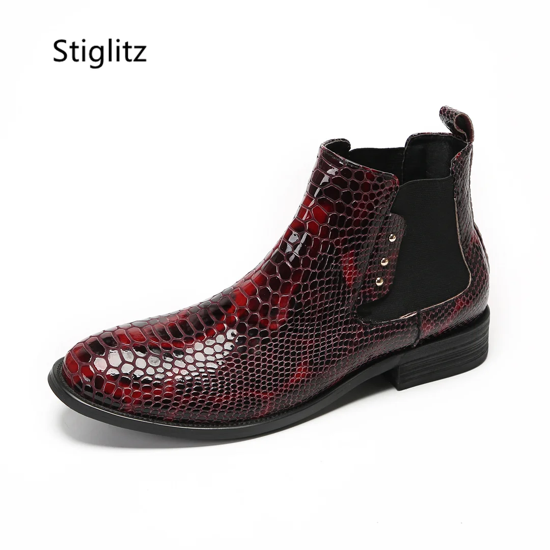 

Men's Genuine Leather Ankle Boots Wine Red Alligator Stretch Boots Round Toe Low Heel Party Business Wedding Shoes for Men