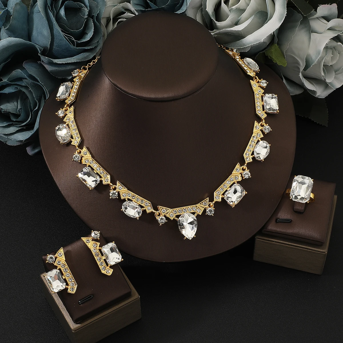 Elegant luxury Water drop full of zircon sparkling necklace earrings ring women\'s jewelry set  Wedding Jewelry For Bride