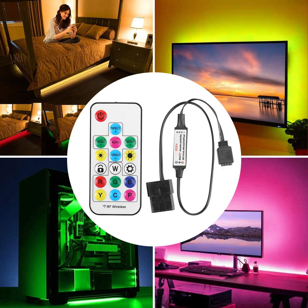 Mando a distancia inalámbrico RF de 5V con batería, controlador LED RGB de 2,4G, 17 teclas, accesorios de 3 pines a SATA de 4 pines para funda de