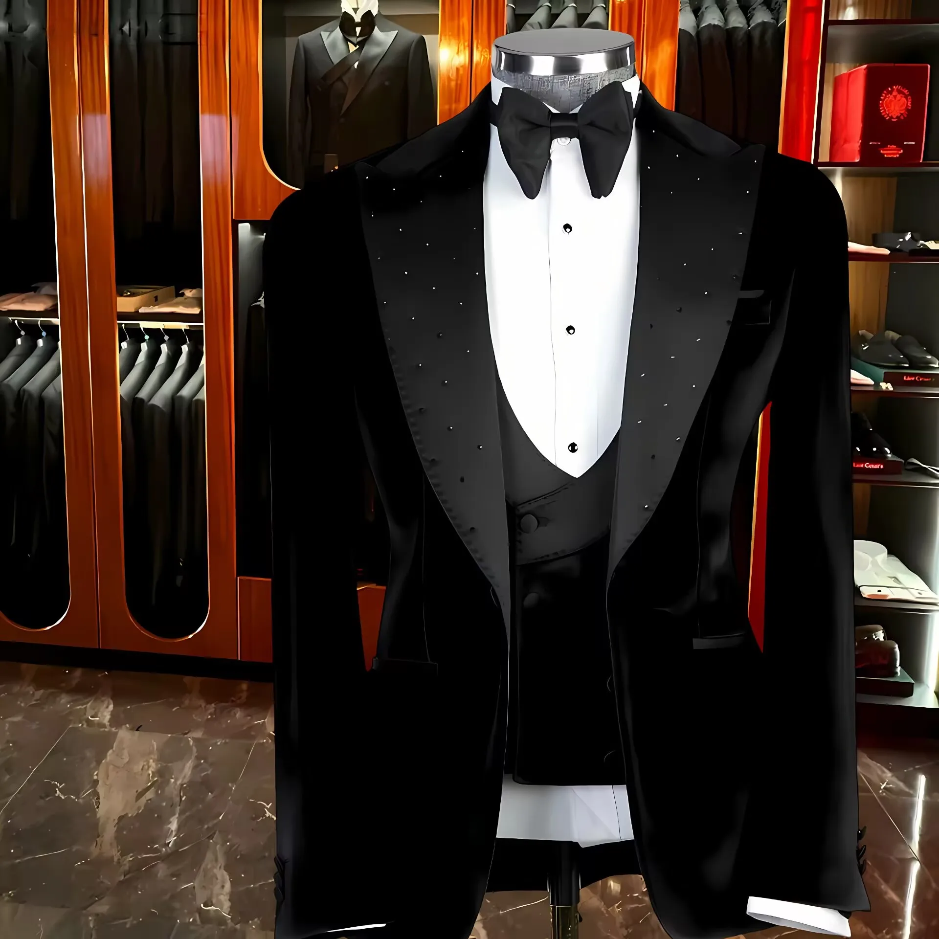 

Black Velvet Men Suits Three Pieces Beading Evening Party Blazer Groom Wear ( Jacket+Vest+Pants )