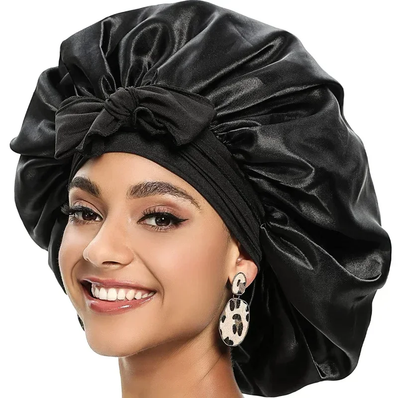 Lace-up Large Satin Nightcap High Stretch Night Cap Lace Up Shower Cap Women Shower Caps Waterproof Solid Sleeping Hair Bonnets