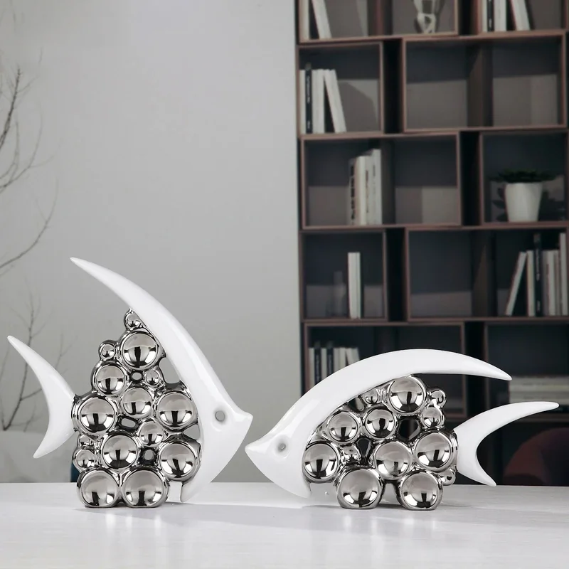 Silver Plated Bouble Couple Fish Vase Modern Europe Ceramic Furnishing Articles Office Home Livingroom Ornament Decoration