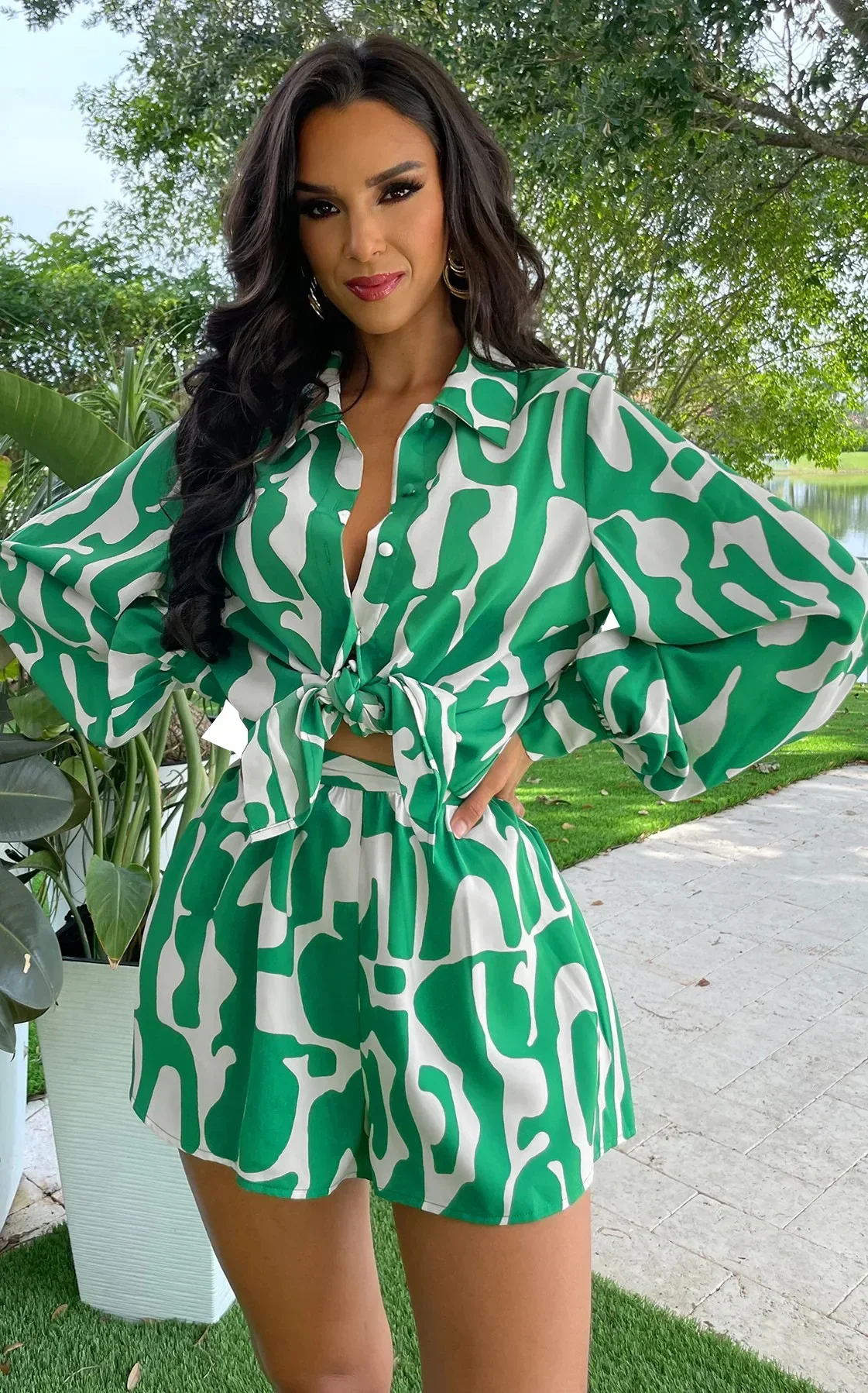 Women Two Piece Shorts Suits Chic Print Turn Down Collar Long Sleeve Single Breasted Shirts Loose Set Elegant Office Lady summer