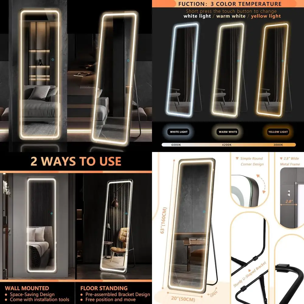 LED-beleuchteter freistehender Wandspiegel in voller Länge – Ganzkörper-Bodenspiegel, beleuchteter Kosmetikspiegel für Zuhause