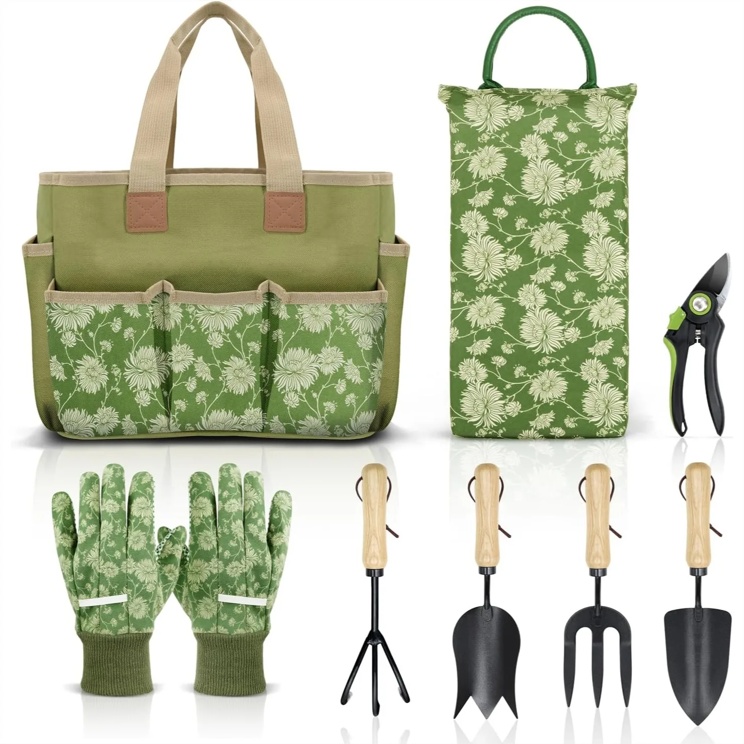 

Garden Tools Set 8 Piece Heavy Duty Gardening with Wooden Handle Tote Kneeling Pad Gloves Pruner Trowel Cultivator Gift for