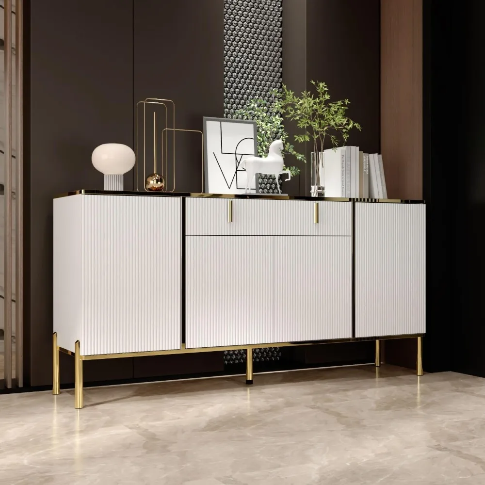 63” Sideboard Buffet Cabinet with Pop-Up Door & Adjustable Shelves,Sideboard Cabinet with Drawer & Gold Handles