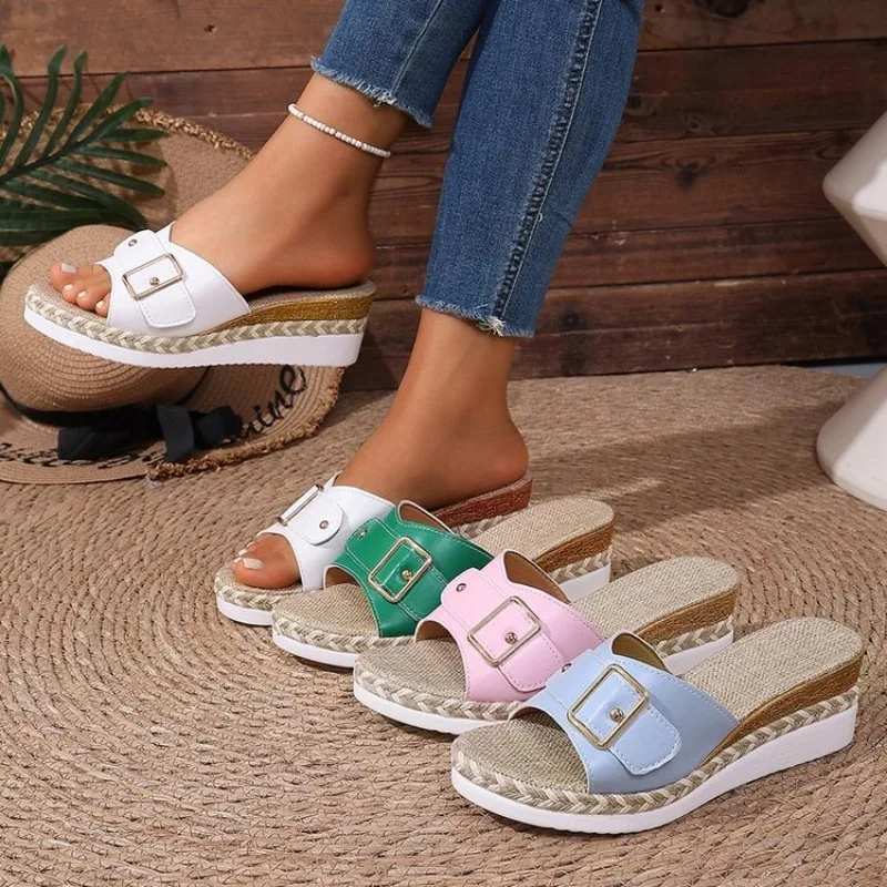 Elegantes Sandalias de Plataforma con Cuña y Esparto Beige para Mujer - Sandalias Casuales de Verano para Playa con Punta Abierta, Zapatos de Mujer