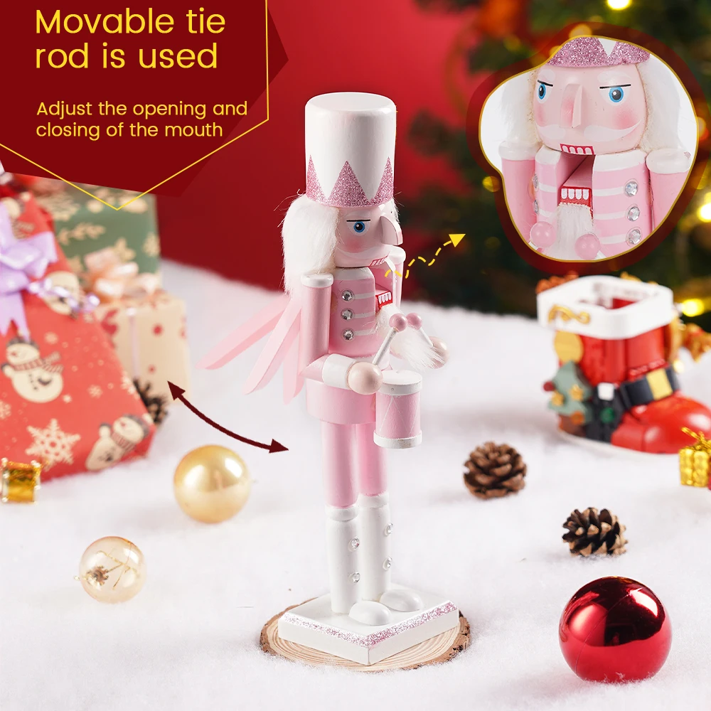 30CM Wooden Nutcracker Solider Figurine Puppet Pink Glitter Soldier Doll Toy Handcraft Ornament Christmas Home Office Decoration