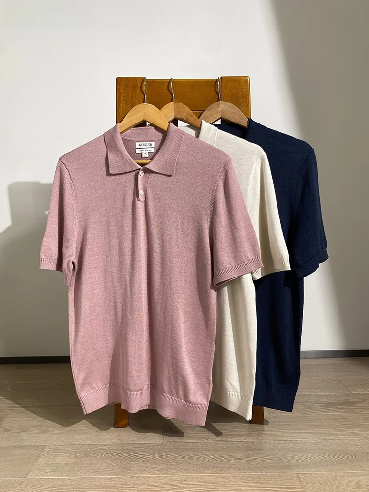 

Летняя мужская одежда Jaeger из шелковой шерсти, вязаная ort Sve с отложным воротником, простой дизайн, деловая повседневная одежда