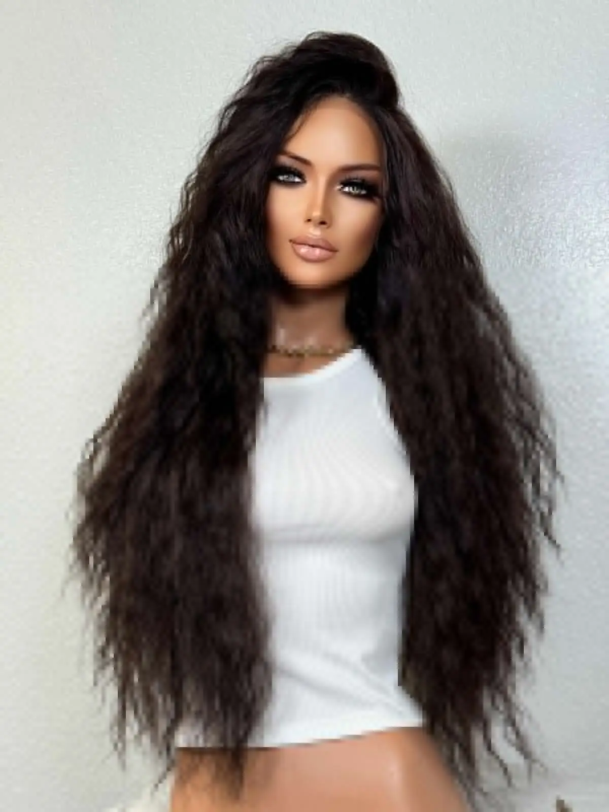 Peruca ondulada marrom escuro de 28 polegadas |   Peruca frontal de renda suíça PremiumBlend