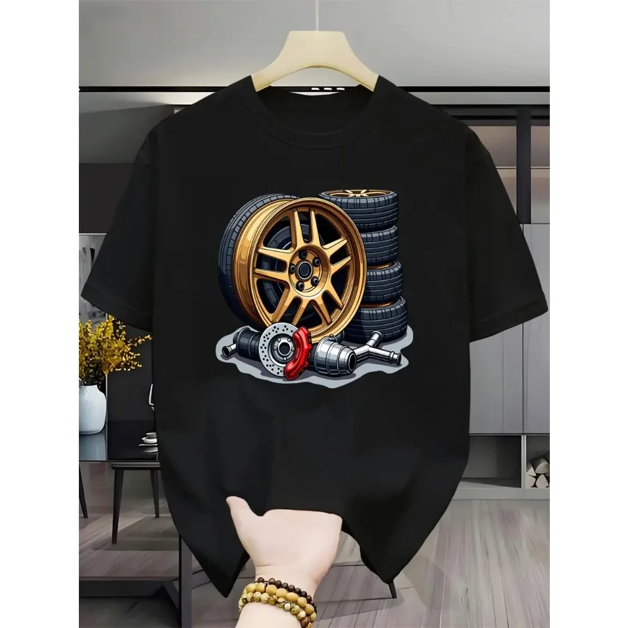 JDM Modified Wheel Hub Brake Embroidery Short-Sleeved Men's Motorcycle Style Casual Round-neck T-Shirt