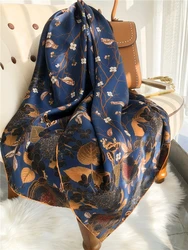 BYSIFA| Navy Blue Coffee Gold 100% Silk Scarf Femmes Foulard Fall Floral Design Silk Scarves Shawls Winter Long Scarves Hijabs