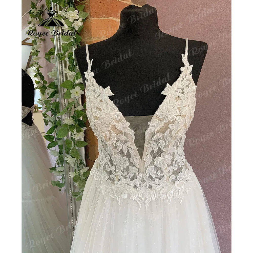 Estate civile Boho scollo a V pizzo corpetto abito da sposa 2024 spalline da spiaggia abito da sposa abito da sposa abito da sposa