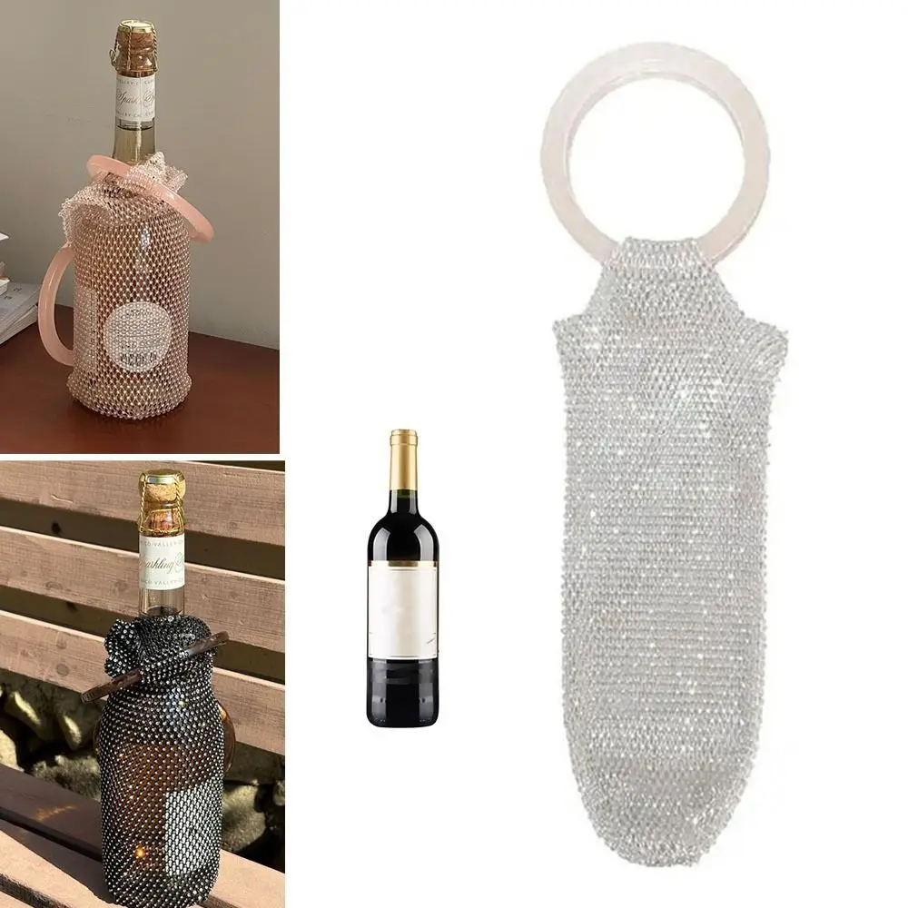 Rhinestone Mesh Shiny Wine Bag Handwoven Light Luxury Champagne Pouch Hand-woven Bag with Handle Wine Bottle Pouch Dinner