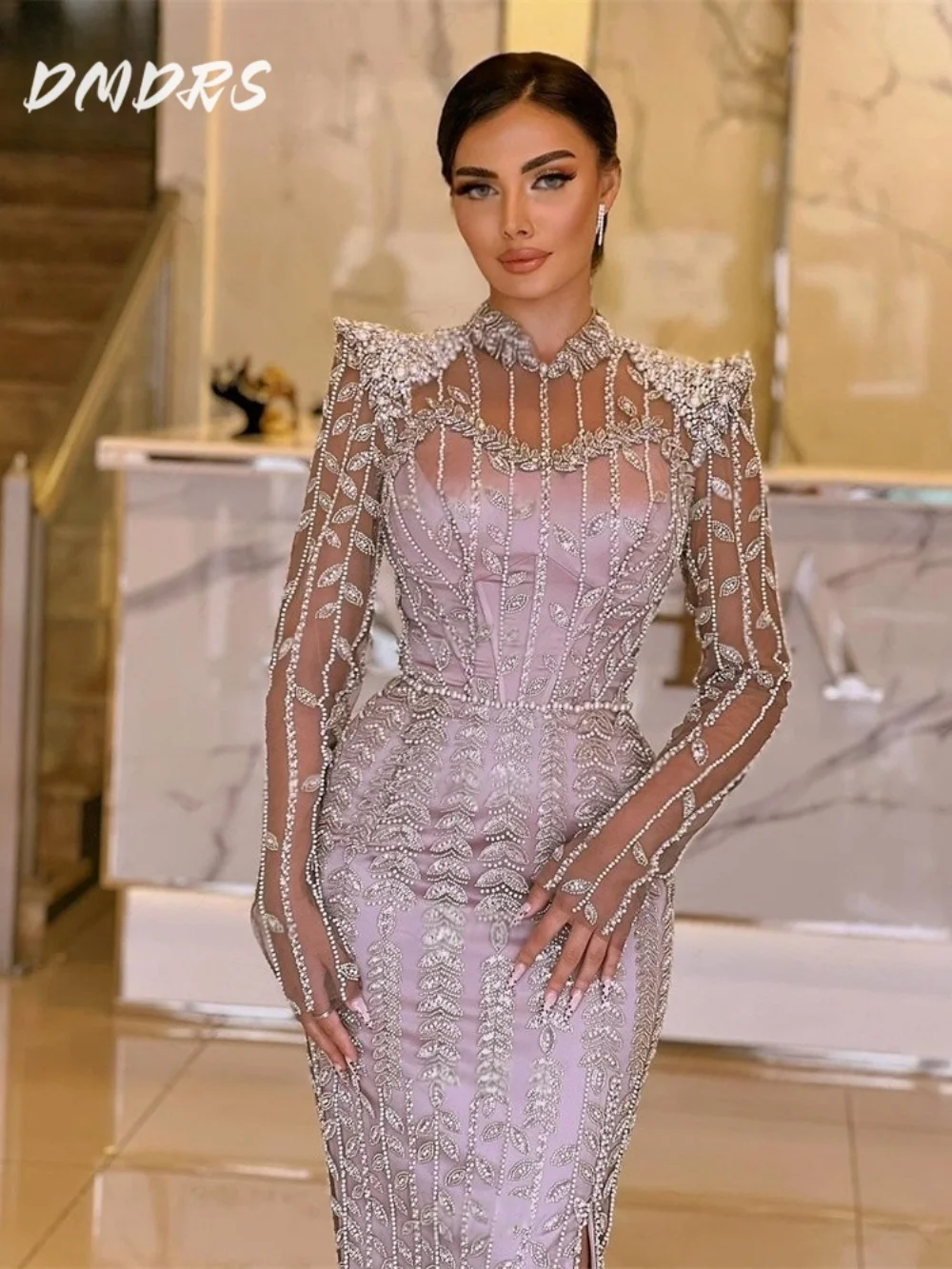 

Classic long-sleeved Prom Dress 2025 Luxurious beaded Evening Dress Formal A-line Floor-length Gown Customized